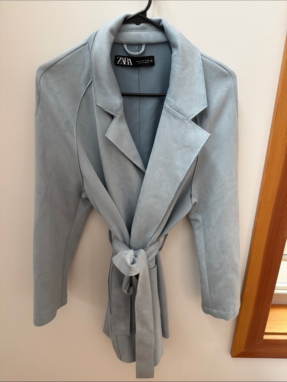 Zara Pale Blue Suede-Look Wrap Trench Coat
